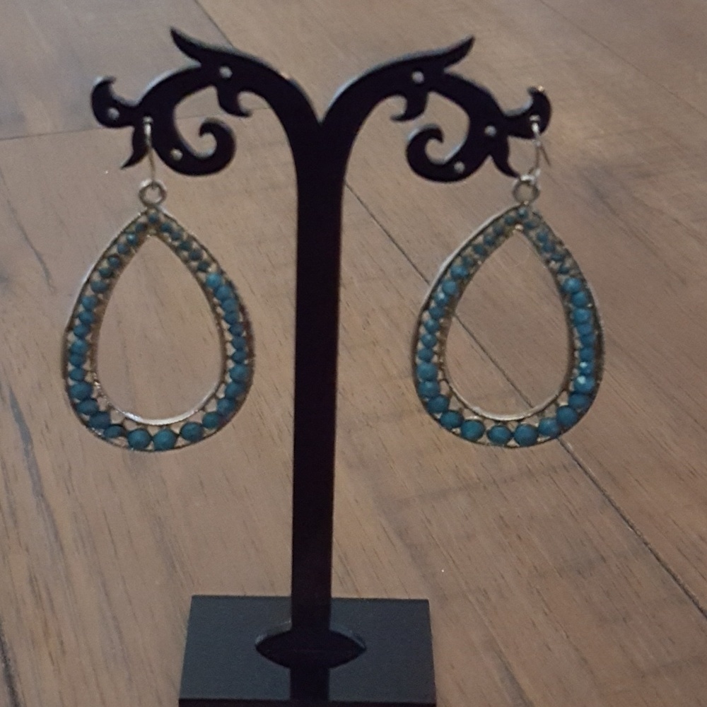 Turquoise Blue Beaded‎ Teardrop Dangle Earrings Silver Tone Boho Southwestern
